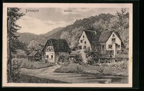 Künstler-AK sign. Hans Pernat: Birkenfeld, Mühle mit Wohnhaus und Umgebung