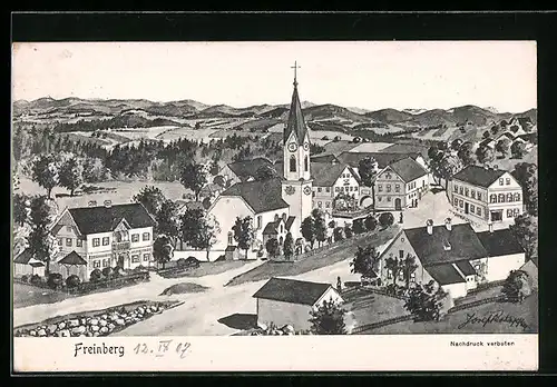 Künstler-AK AK sign. Hans Pernat: Freinberg, Ortsansicht mit Strasse und Bergblick aus der Vogelschau