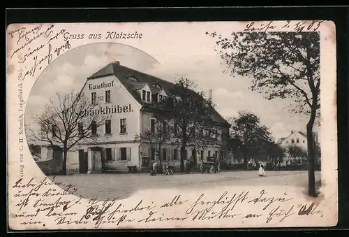 AK Dresden-Klotzsche, Gasthof Schänkhübel mit Strasse und Nachbargebäude
