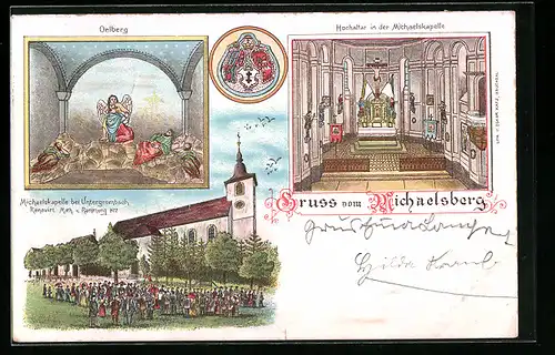 Lithographie Untergrombach, Michaelskapelle mit Menschenmenge, Hochaltar, Oelberg
