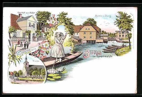 Lithographie Burg /Spreewald, Gasthof zum Adler, Mühle, Spreewälderin