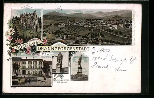 Lithographie Johanngeorgenstadt, Hotel Saxe, Gesamtansicht aus der Vogelschau