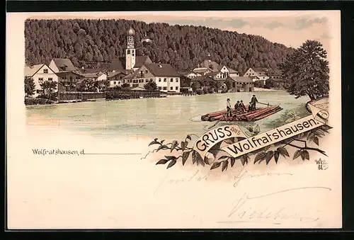Lithographie Wolfratshausen, Panorama mit Flössern