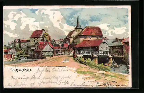 Lithographie Küps, Panorama mit Brücke und Kirche