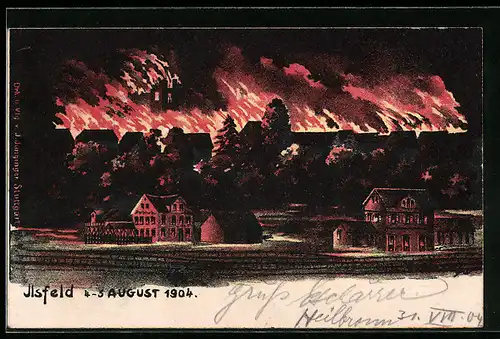 Künstler-AK Ilsfeld, Brand 1904, Ortspartie in Flammen