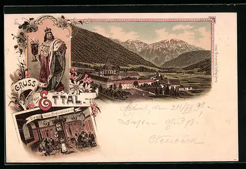 Lithographie Ettal, Inneres Gasthaus Neues Bräustüberl, Kloster