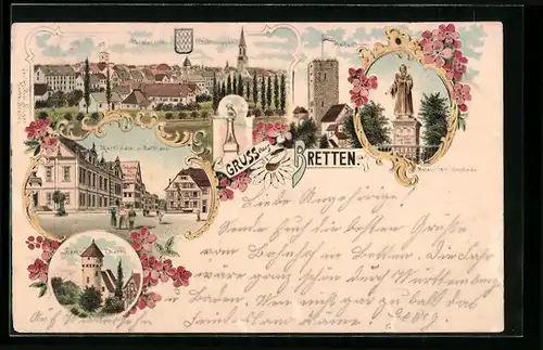 Lithographie Bretten, Marktplatz mit Rathaus, Melanchton-Denkmal, Pfeiferturm