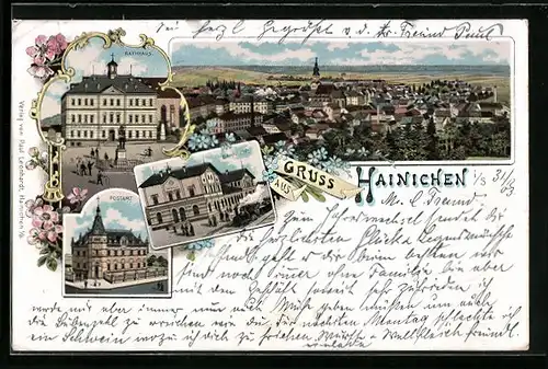 Lithographie Hainichen, Rathaus, Postamt, Bahnhof