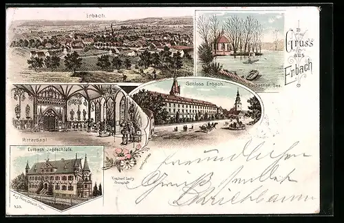 Lithographie Erbach, Schloss Erbach, Inneres Rittersaal, Eulbach Jagdschloss
