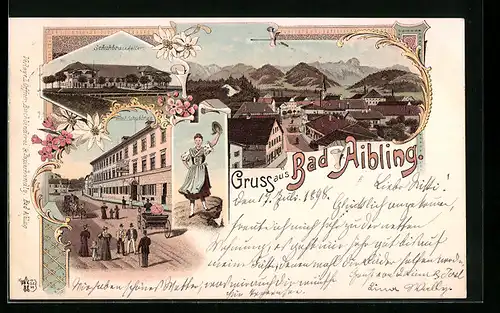 Lithographie Bad Aibling, Hotel Schuhbräu, Gasthaus Schuhbräukeller, Teilansicht mit Strassenpartie