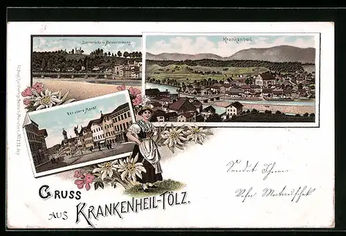 Lithographie Krankenheil-Tölz, Teilansicht, Isarbrücke und Kalvarienberg, Der obere Markt