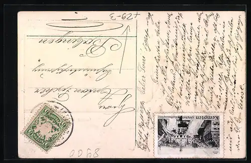 Passepartout-Lithographie Kempten i. Allgäu, Teilansicht mit Kirche, Paar in Tracht