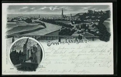 Mondschein-Lithographie Landshut, Teilansicht, Burg Trausnitz