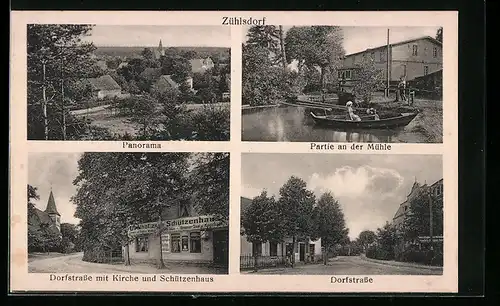 AK Zühlsdorf, Dorfstrasse mit Gasthaus Schützenhaus und Kirche, Partie an der Mühle, Panorama