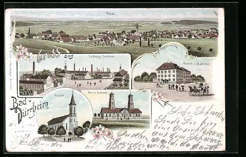 Lithographie Bad Dürrheim, Totalansicht, Ludwig Saline, Kirche, Hotel z. Saline