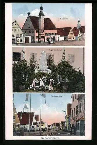 AK Rennertshofen, Rathaus, Kriegerdenkmal, Strassenpartie
