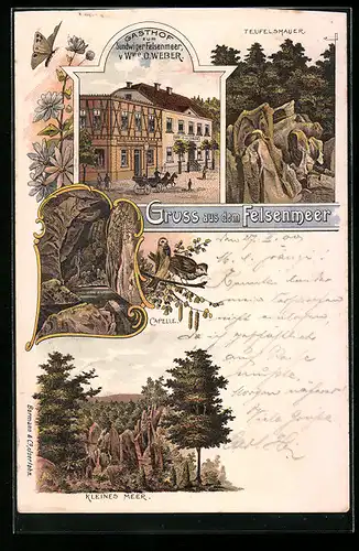 Lithographie Lautertal, Gasthof zum Sundwiger Felsenmeer, Teufelsmauer