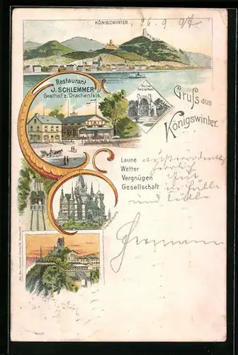 Lithographie Königswinter, Restaurant J. Schlemmer Gasthof zum Drachenfels