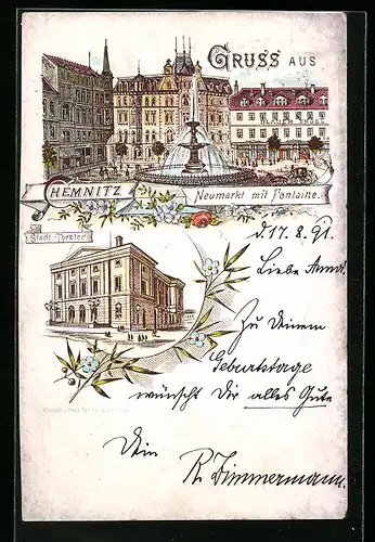 Vorläufer-Lithographie Chemnitz, 1891, Neumarkt mit Fontaine, Stadt-Theater