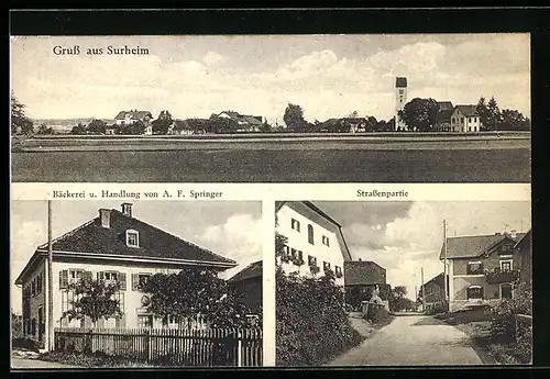 AK Surheim, Handlung und Bäckerei Springer, Strassenpartie