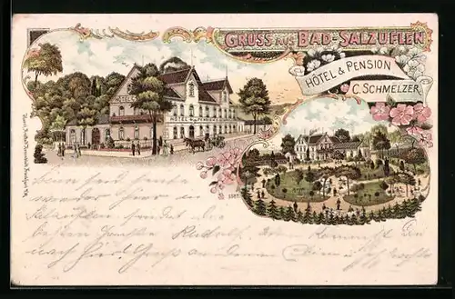 Lithographie Bad Salzuflen, Hotel-Pension Schmelzer mit Grünanlagen