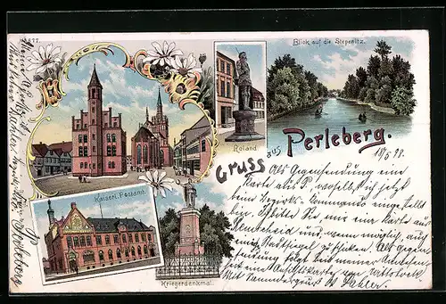 Lithographie Perleberg, Kriegerdenkmal, Roland, Postamt