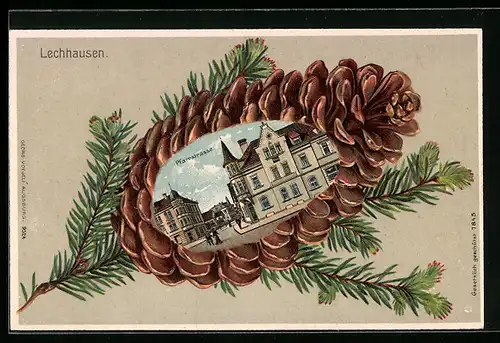 Passepartout-Lithographie Lechhausen, Pfarrstrasse, Tannenzapfen