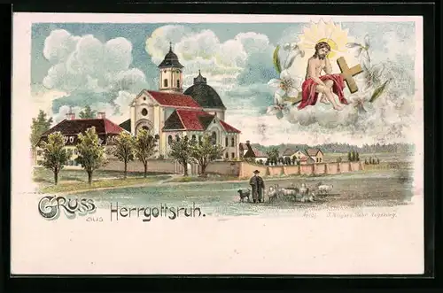 Lithographie Friedberg / Bayern, Wallwahrtskirche Herrgottsruh