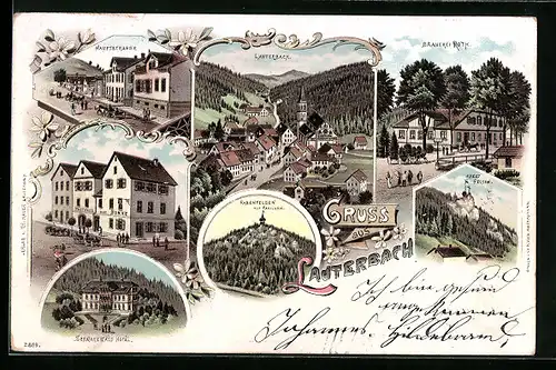 Lithographie Lauterbach, Hauptstrasse, Rabenfelsen, Brauerei Roth