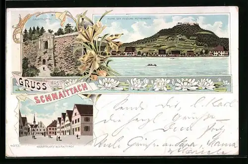 Lithographie Schnaittach, Marktplatz, Ruine und Festung Rothenberg