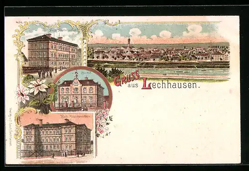 Lithographie Lechhausen, Ortsansicht, Pfarrhof, Kath. Mädchenschule