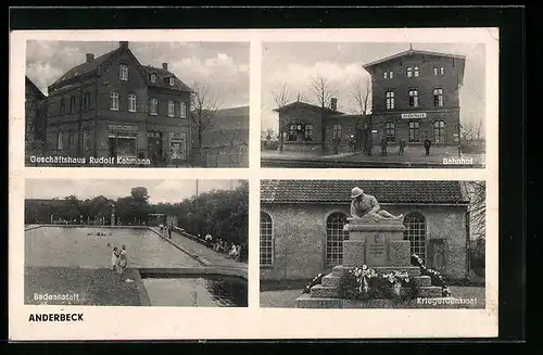 AK Anderbeck, Bahnhof, Geschäftshaus Kahmann, Kriegerdenkmal