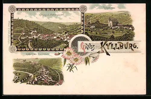 Lithographie Kyllburg, Stiftskirche, Ortsansichten v. d. Malbergerhöhe und vom Marienthurm