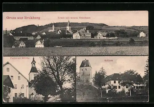 AK Bruckberg, Partie mit Kirche, Schloss, Totalansicht mit neuem Schulhaus