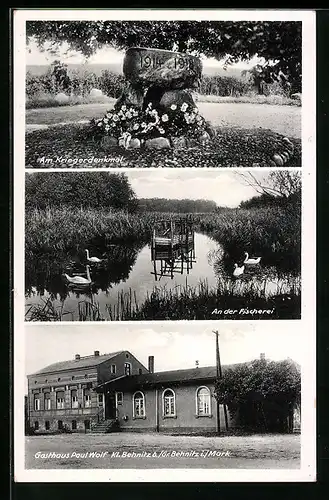 AK Klein Behnitz, Gasthaus Paul Wolf, Kriegerdenkmal, Fischerei