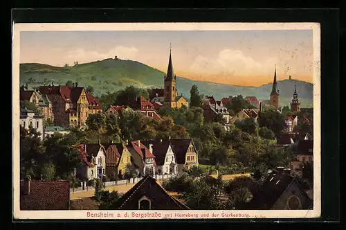 AK Bensheim a. d. Bergstrasse, Teilansicht mit Hemsberg und der Starkenburg
