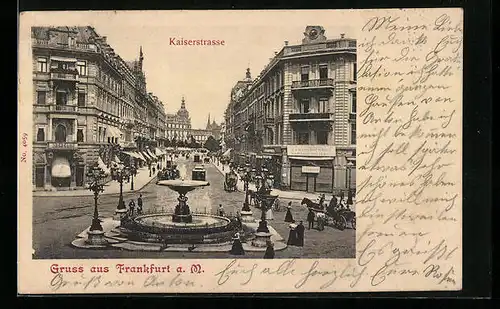 AK Frankfurt a. M., Kaiserstrasse mit Geschäften und Brunnen