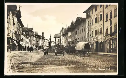 AK Bad Tölz, oberer Markt mit Karren und Gasthaus Grünerbräu