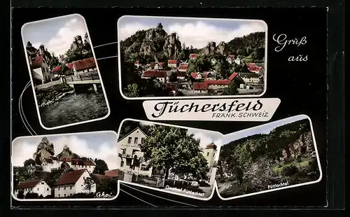 AK Tüchersfeld /Fränk. Schweiz, Ortsansicht mit Gasthof Püttlachtal und Felsformation