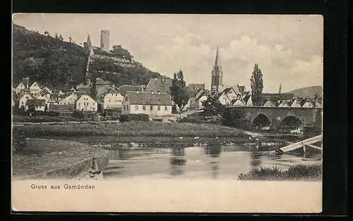 AK Gemünden, Ortsansicht mit Flusslauf