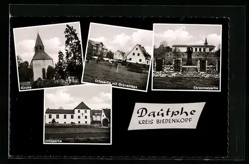 AK Dautphe Kr. Biedenkopf, Teilansicht mit Ehrenmalpartie, Kirche und Grünanlage