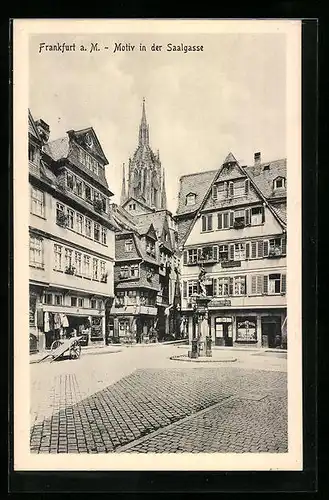 AK Alt-Frankfurt, Saalgasse mit Denkmal und Kirche