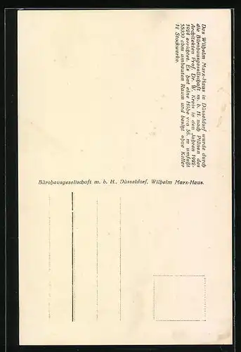 AK Düsseldorf, Wilhelm Marx-Haus mit Strasse aus der Vogelschau