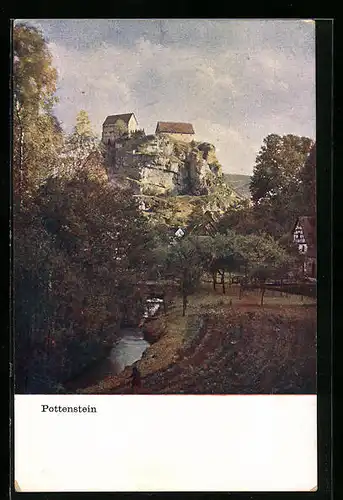 AK Pottenstein /Fränk. Schweiz, Flusspartie mit Burg