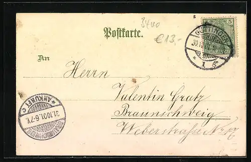 Lithographie Göttingen, Rathaus, Gesamtansicht, Haus Rohns