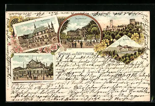 Lithographie Göttingen, Rathaus, Auditorium, Haus Rohns, Bahnhof
