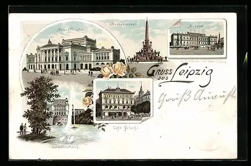 Lithographie Leipzig, Museum, Mendebrunnen, Neues Theater, Café Felsche, Schwanenteich