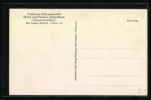 AK Todtmoos, Hotel und Pension Schwarzwaldhaus, davor parkende Automobile