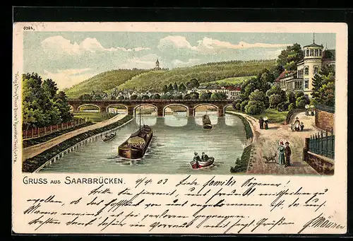 Lithographie Saarbrücken, Schiff und Boote auf der Saar