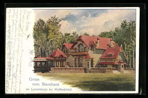 Lithographie Braunschweig, Gasthaus Sternhaus im Lechelnholz bei Wolfenbüttel